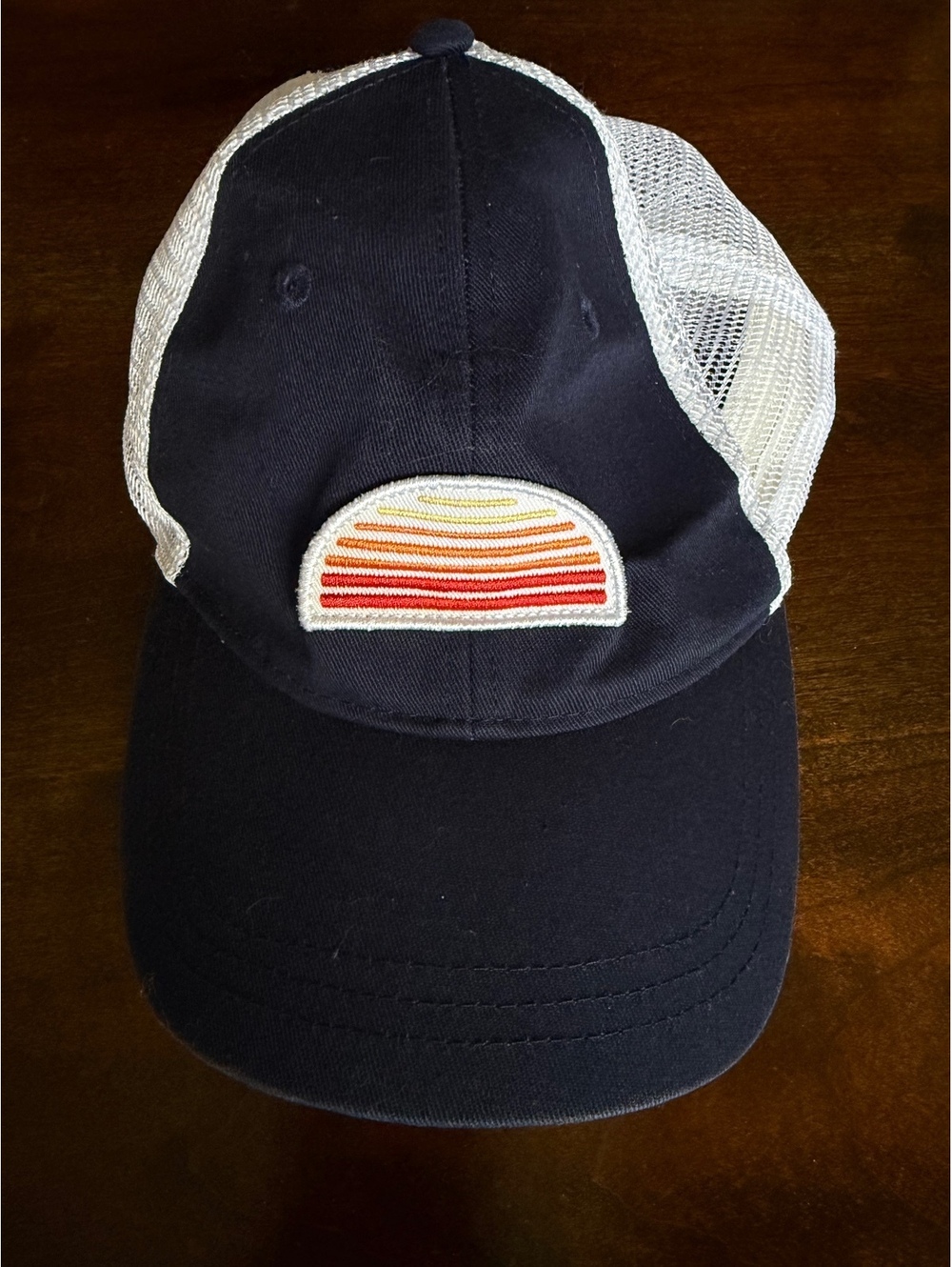 J.Crew Navy and White Mesh Baseball Cap with Sunset Patch